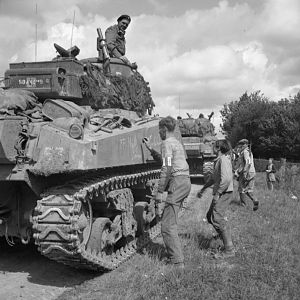 FFI chalk slogans on the side of Sherman tanks of 2nd Irish Guards, 31 August 1944; IWM BU 303