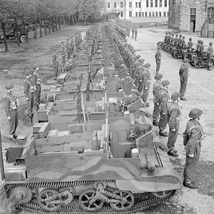 Universal carriers of 1st Battalion, Scots Guards, Royal Wanstead School, London, 9 October 1942; IWM H 24397