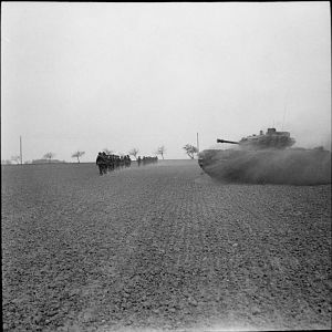 Royal Scots Fusiliers supported by Churchill tanks of the 3rd Scots Guards, Uelzen, 16 April 1945; IWM BU 3915