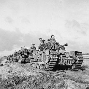 Churchill tanks of 3rd Scots Guards, 6th Guards Tank Brigade, with 2nd Argyll and Sutherland Highlanders, near Beringe, Holland, 22 November 1944; IWM B 12026