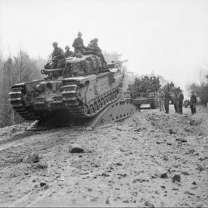 Churchill tanks of the Scots Guards, 6th Guards Tank Brigade, 10th Highland Light Infantry, 15th (Scottish) Division, advance to the River Elbe, 13 April 1945; IWM BU 3428