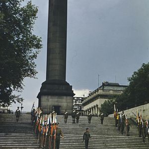 Scots Guards parading past the Duke of York's memorial, London, 14 June 1943; IWM TR 1097