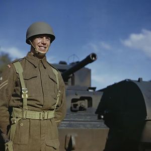 Corporal of the Grenadier Guards with a Churchill tank, Guards Armoured Training Wing, Pirbright, Surrey, October 1943; IWM TR 1410