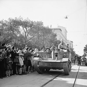 Civilian population of Tunis welcoming British troops as they enter the town; IWM NA 2562