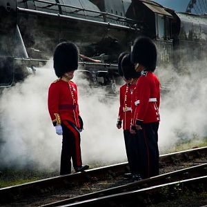 Scots Guards beside the locomotive Royal Scotsman, 20 June 2012