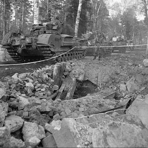 Churchill tanks of 3rd Scots Guards, 6th Guards Tank Brigade, advance towards Celle, 11 April 1945; IWM BU 3554