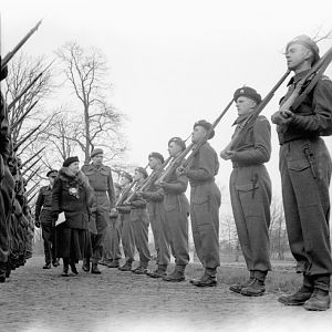 HM Queen Wilhelmina of the Netherlands inspecting Coldstream Guards, Nunen, near Eindhoven; IWM BU 1927