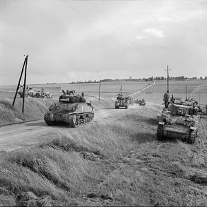 Sherman and Stuart tanks of Guards Armoured Division advancing towards Arras, 1 September 1944; IWM BU 270