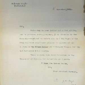 Designs for King's Colour and badges for 1st Battn Irish Guards