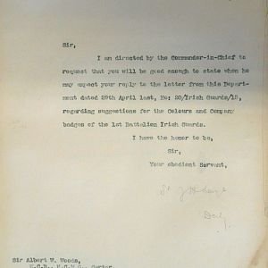 Designs for King's Colour and badges for 1st Battn Irish Guards