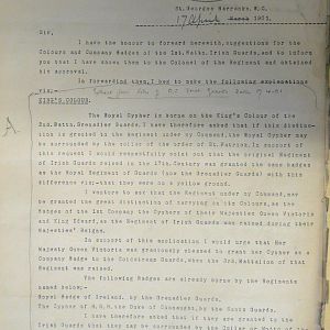 Designs for King's Colour and badges for 1st Battn Irish Guards